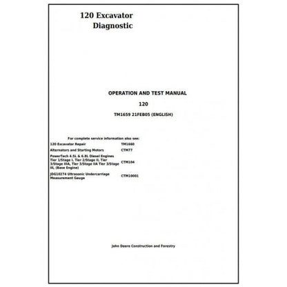 John Deere 120 Excavator Diagnostic, Operation and Tests Service Manual Pdf - TM1659