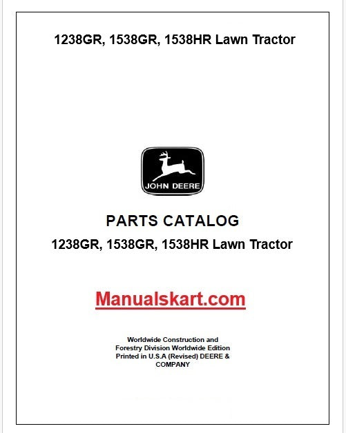 John Deere 1238GR, 1538GR, 1538HR Lawn Tractor Pdf Parts Catalog Manual PC4271