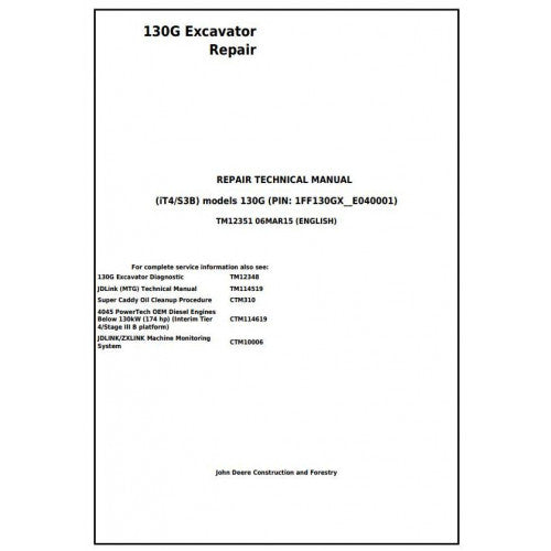 John Deere 130G Excavator Pdf Service Repair Technical Manual - TM12351 2