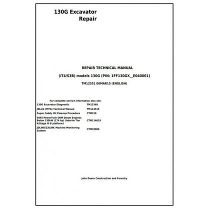 John Deere 130G Excavator Pdf Service Repair Technical Manual - TM12351 2