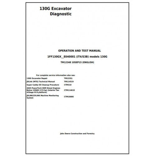 John Deere 130G (IT4/S3B) Excavator Diagnostic, Operation and Tests Service Manual Pdf - TM12348