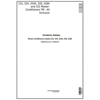 John Deere 131, 324, 324A, 328, 328A, 331 Mower-Conditioners All Inclusive Service Repair Technical Manual Pdf - TM300619