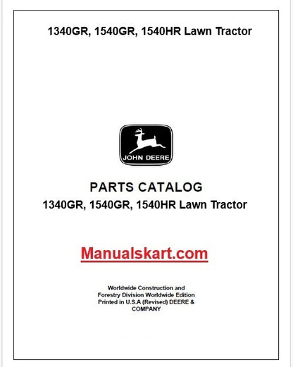 John Deere 1340GR, 1540GR, 1540HR Lawn Tractor Pdf Parts Catalog Manual PC4359