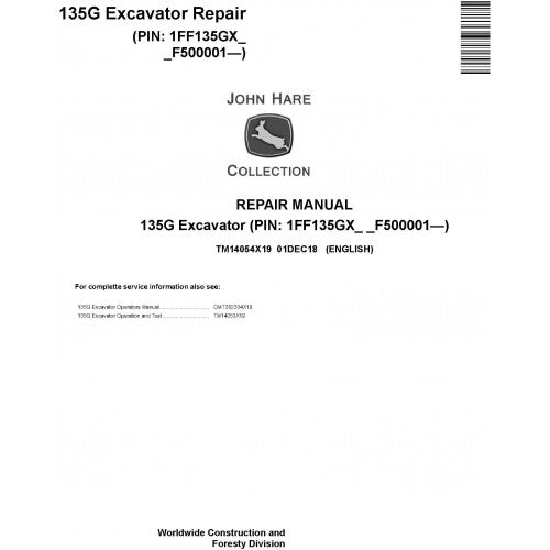 John Deere 135G Excavator Pdf Repair Service Technical Manual TM14054X19