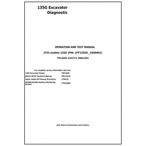 John Deere 135G (IT4) Excavator Diagnostic, Operation and Tests Service Manual Pdf - TM12666