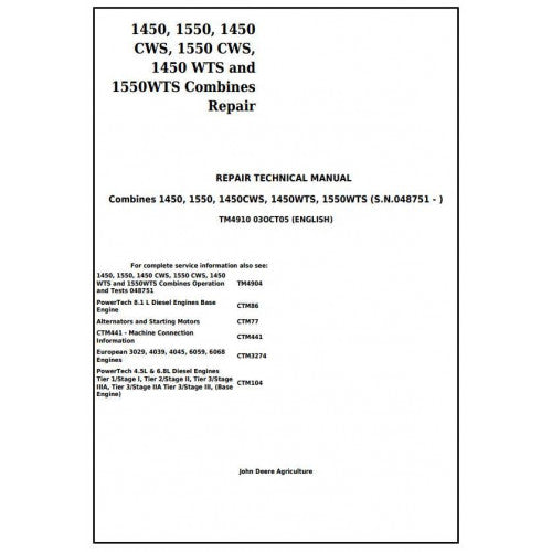 John Deere 1450, 1550, 1450CWS, 1550CWS, 1450WTS, 1550WTS Combines Service Repair Technical Manual Pdf TM4910 2