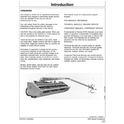 John Deere 1600 Mower-Conditioner Diagnostic and Repair Technical Manual Pdf - TM1474