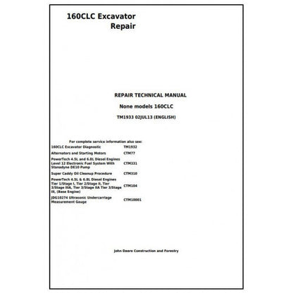 John Deere 160CLC Excavator Pdf Repair Service Technical Manual TM1933