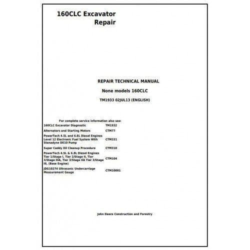 John Deere 160CLC Excavator Service Repair Technical Manual Pdf TM1933