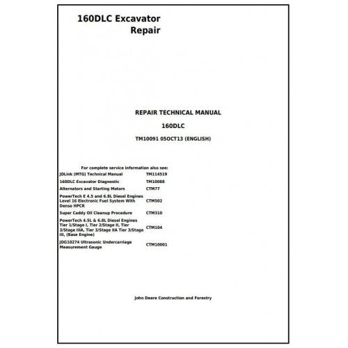 John Deere 160DLC Excavator Pdf Service Repair Technical Manual - TM10091