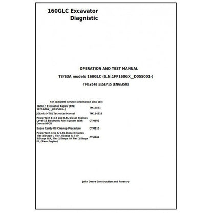 John Deere 160GLC Excavator Diagnostic, Operation and Tests Service Manual Pdf - TM12548