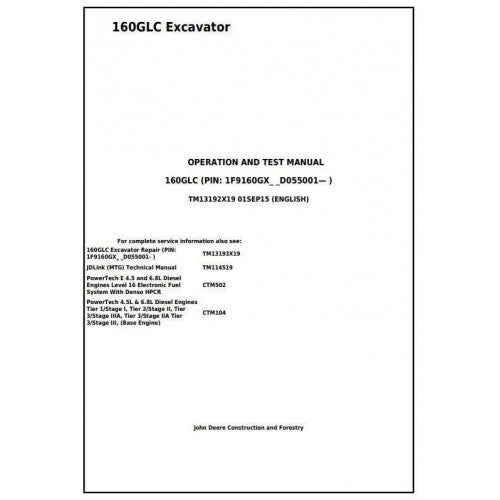 John Deere 160GLC Excavator Diagnostic, Operation and Tests Service Manual Pdf - TM13192X19