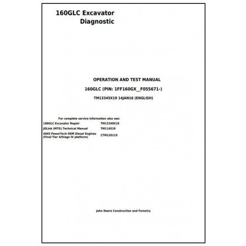 John Deere 160GLC Excavator Diagnostic, Operation and Tests Service Manual Pdf - TM13345X19