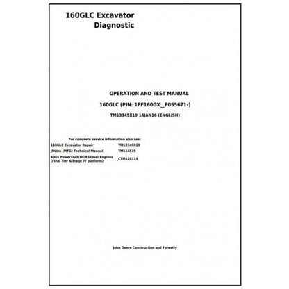 John Deere 160GLC Excavator Diagnostic, Operation and Tests Service Manual Pdf - TM13345X19