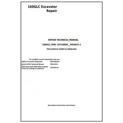 John Deere 160GLC Excavator Pdf Repair Service Technical Manual TM13349X19