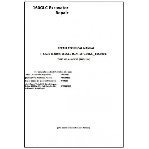 John Deere 160GLC Excavator Pdf Service Repair Technical Manual - TM12345