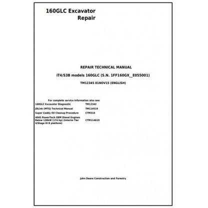 John Deere 160GLC Excavator Pdf Service Repair Technical Manual - TM12345 2