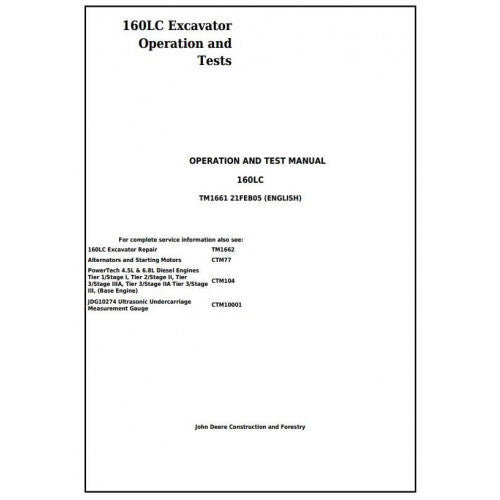 John Deere 160LC Excavator Diagnostic, Operation and Tests Service Manual Pdf - TM1661