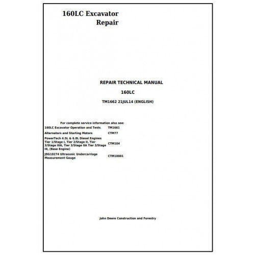 John Deere 160LC Excavator Pdf Repair Service Technical Manual TM1662