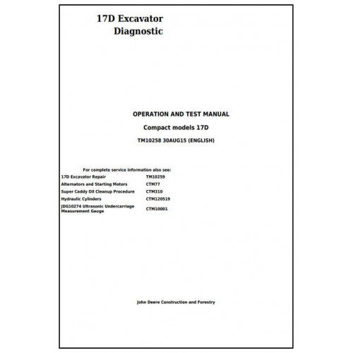 John Deere 17D Compact Excavator Diagnostic, Operation and Tests Manual Pdf - TM10258