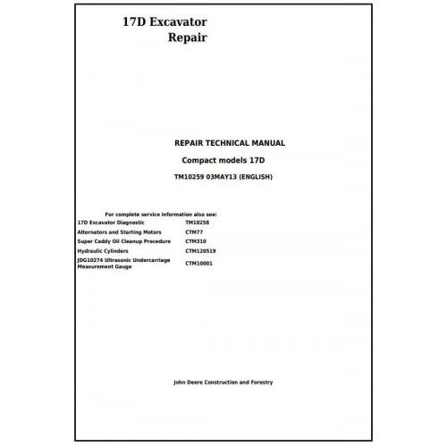 John Deere 17D Compact Excavator Service Repair Technical Manual Pdf - TM10259