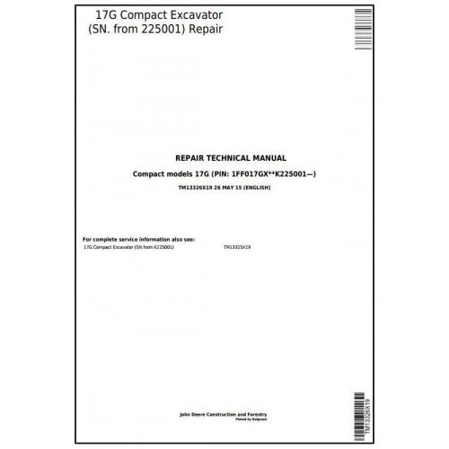 John Deere 17G Compact Excavator Pdf Repair Service Technical Manual TM13326X19