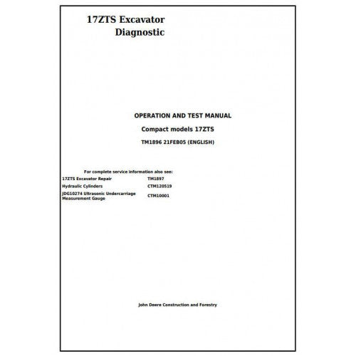 John Deere 17ZTS Compact Excavator Diagnostic, Operation and Tests Service Manual Pdf - TM1896