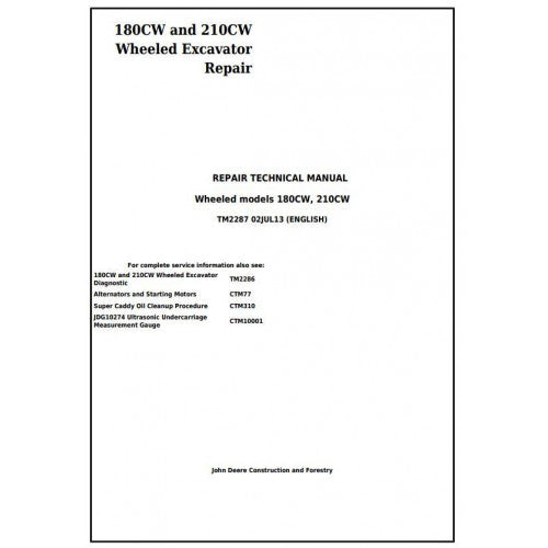 John Deere 180CW AND 210CW Wheeled Excavator Service Repair Technical Manual Pdf TM2287 2