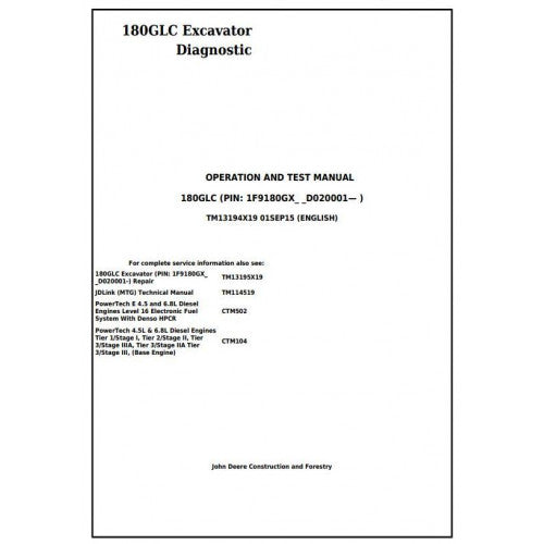 John Deere 180GLC Excavator Diagnostic, Operation and Tests Service Manual Pdf - TM13194X19