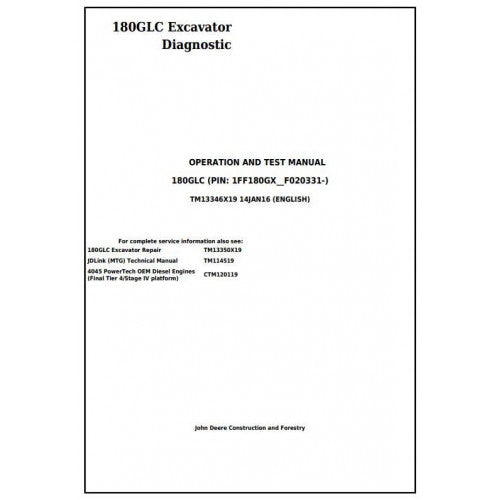 John Deere 180GLC Excavator Diagnostic, Operation and Tests Service Manual Pdf - TM13346X19