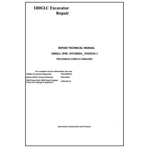 John Deere 180GLC Excavator Pdf Repair Service Technical Manual TM13350X19