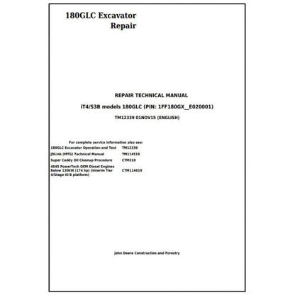 John Deere 180GLC Excavator Pdf Service Repair Technical Manual - TM12339