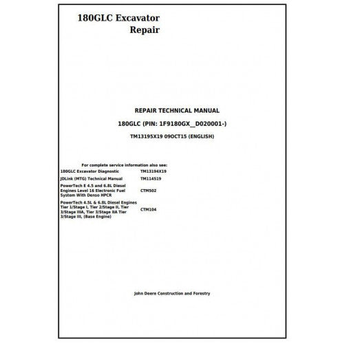 John Deere 180GLC Excavator Pdf Service Repair Technical Manual - TM13195X19 2