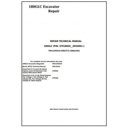 John Deere 180GLC Excavator Pdf Service Repair Technical Manual - TM13195X19 2