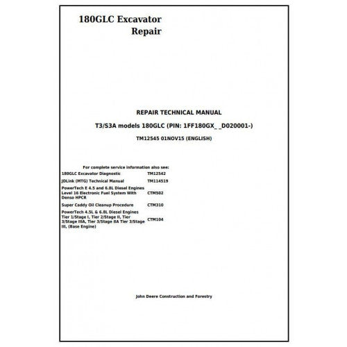 John Deere 180GLC Excavator Service Repair Manual - TM12545