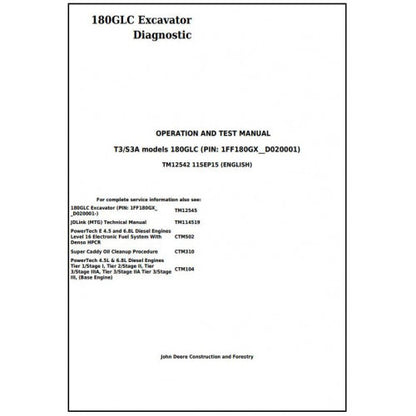 John Deere 180GLC (T3/S3A) Excavator Diagnostic, Operation and Tests Service Manual Pdf - TM12542