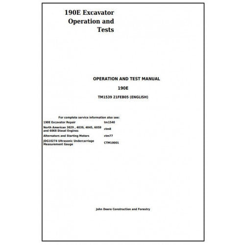 John Deere 190E Excavator Diagnostic, Operation and Tests Service Manual Pdf - TM1539