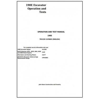 John Deere 190E Excavator Diagnostic, Operation and Tests Service Manual Pdf - TM1539