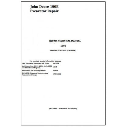 John Deere 190E Excavator Pdf Repair Service Technical Manual TM1540