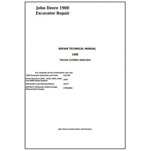 John Deere 190E Excavator Pdf Repair Service Technical Manual TM1540