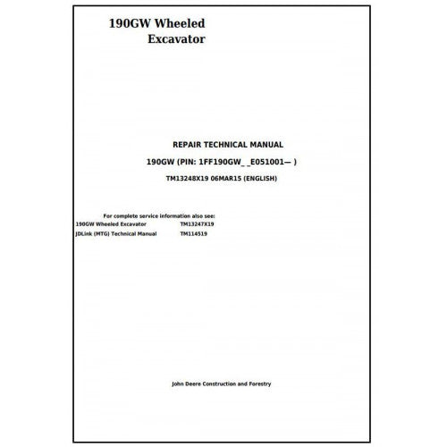 John Deere 190GW Wheeled Excavator Service Repair Technical Manual Pdf TM13248X19 2