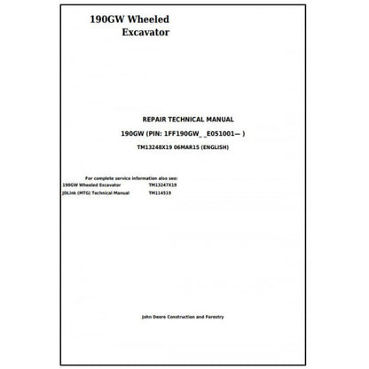 John Deere 190GW Wheeled Excavator Service Repair Technical Manual Pdf TM13248X19 2