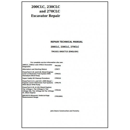 John Deere 200CLC, 230CLC and 270CLC Excavator Pdf Repair Service Technical Manual TM1931