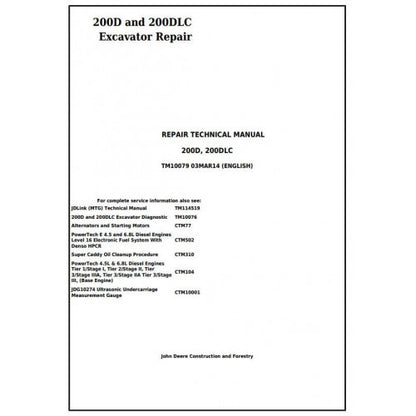 John Deere 200D and 200DLC Excavator Service Repair Technical Manual Pdf - TM10079