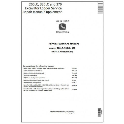 John Deere 200LC, 330LC And 370 Excavator Loader Service Repair Technical Manual Pdf TM1847 2