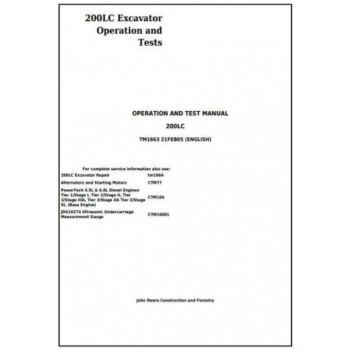 John Deere 200LC Excavator Diagnostic, Operation and Tests Service Manual Pdf - TM1663