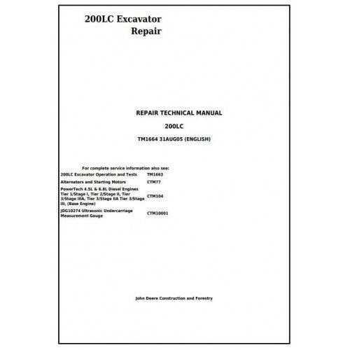 John Deere 200LC Excavator Pdf Repair Service Technical Manual TM1664