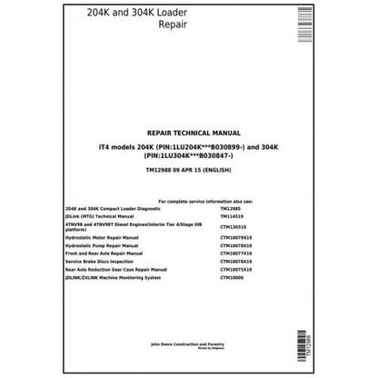 John Deere 204K and 304K Compact Loader Service Repair Technical Manual Pdf TM12988 2