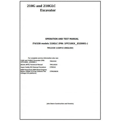 John Deere 210G, 210GLC (IT4/S3B) Excavator Diagnostic, Operation and Tests Manual Pdf - TM12330