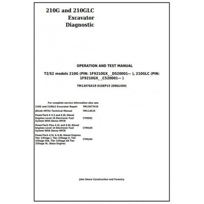 John Deere 210G, 210GLC (T2/S2) Excavator Diagnostic, Operation and Tests Service Manual Pdf - TM13076X19 2